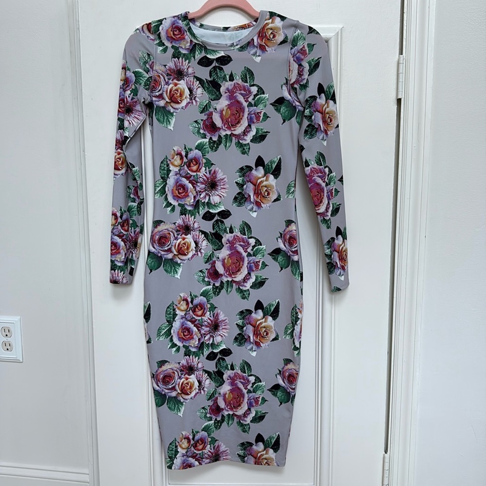 Long Sleeve Gray Floral Bodycon Midi Dress - Size S